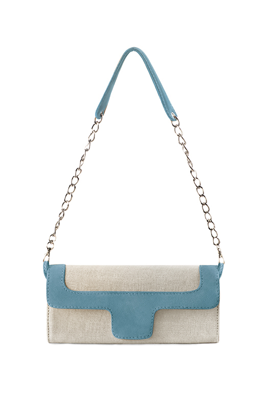 Women's natural beige and peacock blue luxurious elegant clutch for ceremonies, weddings and evenings out. - Top view